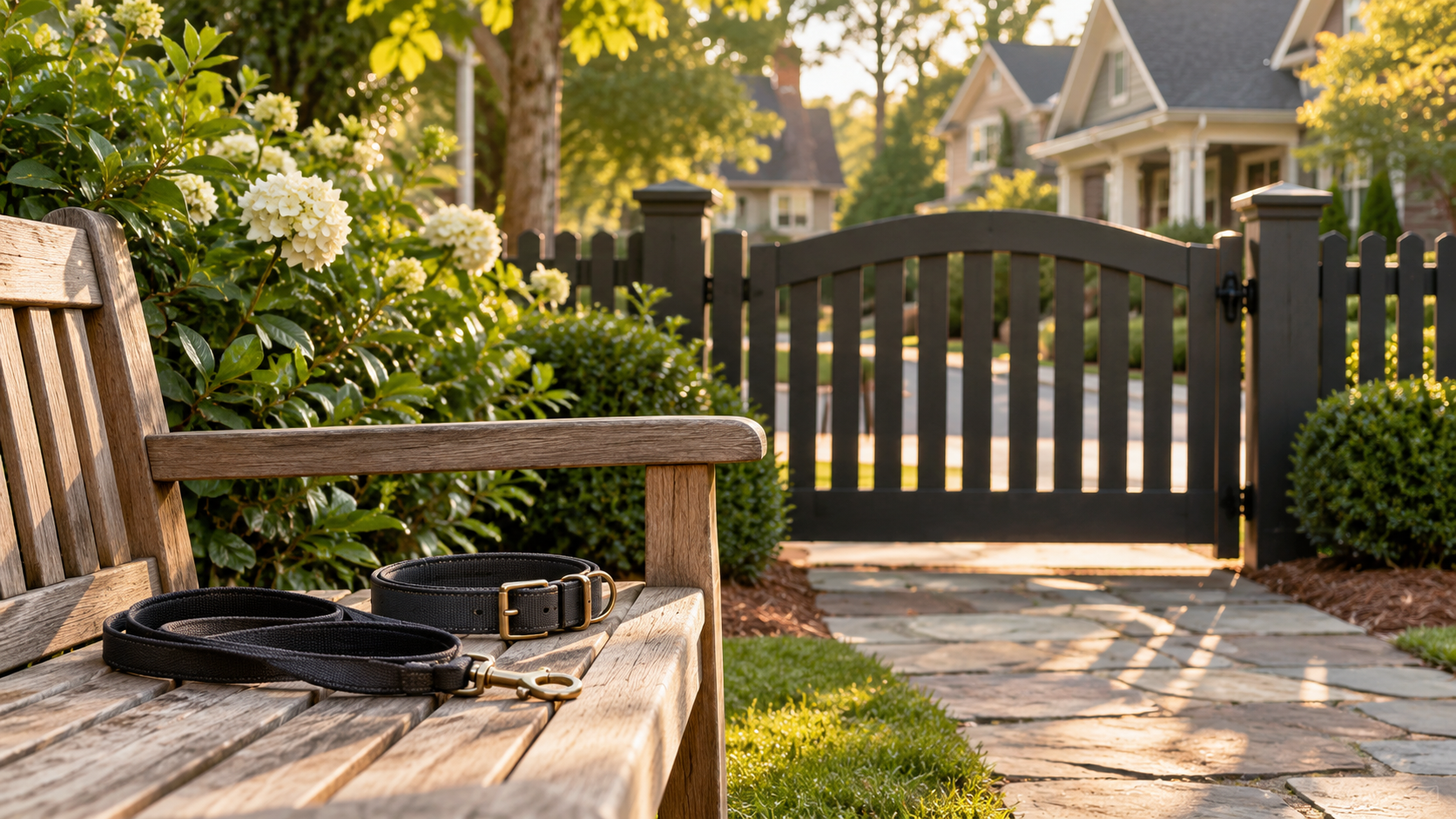 Illustrative leash and collar on a garden bench beside a closed fence gate