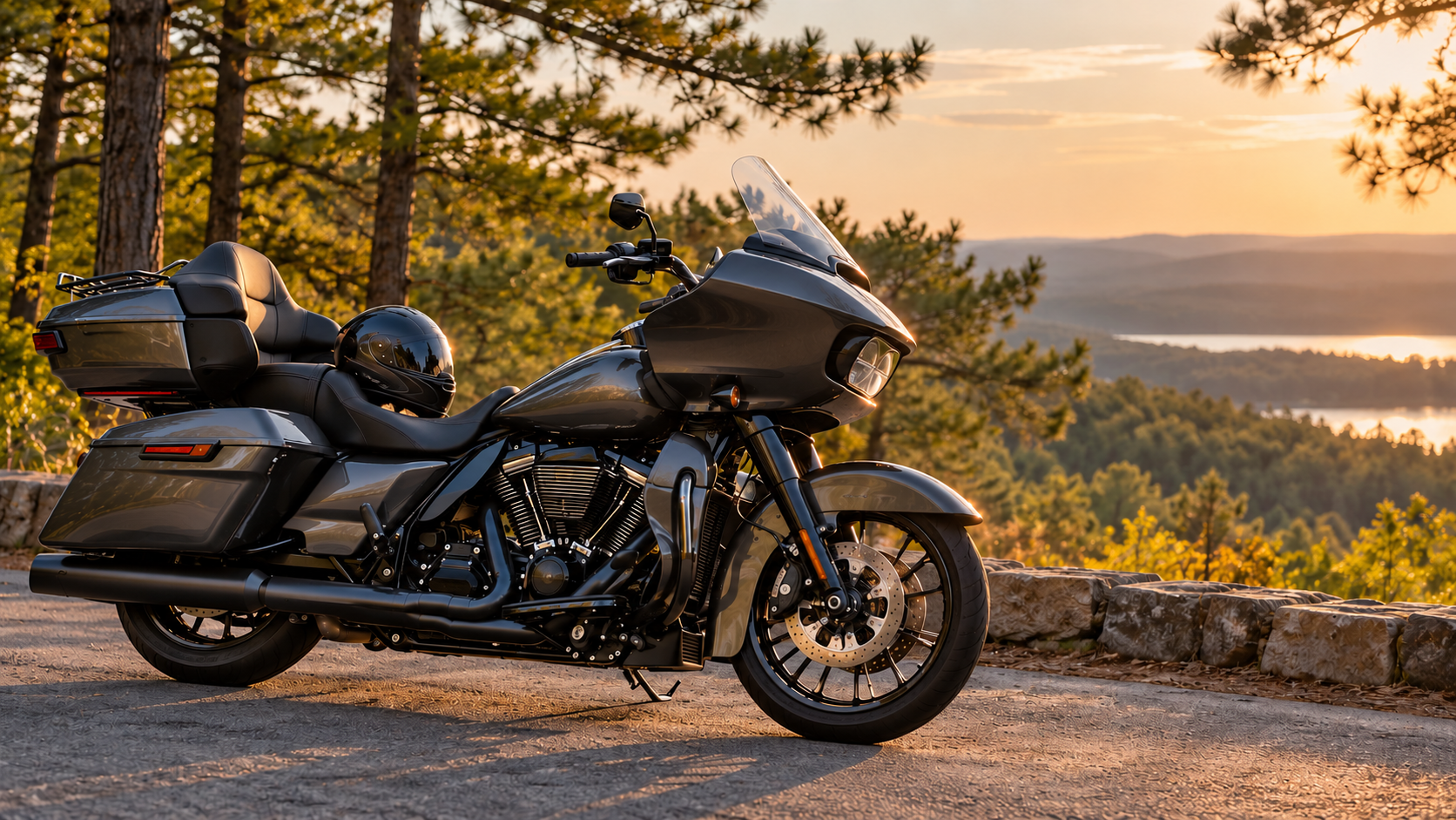 Illustrative intact unbranded motorcycle parked at a quiet scenic pull-off