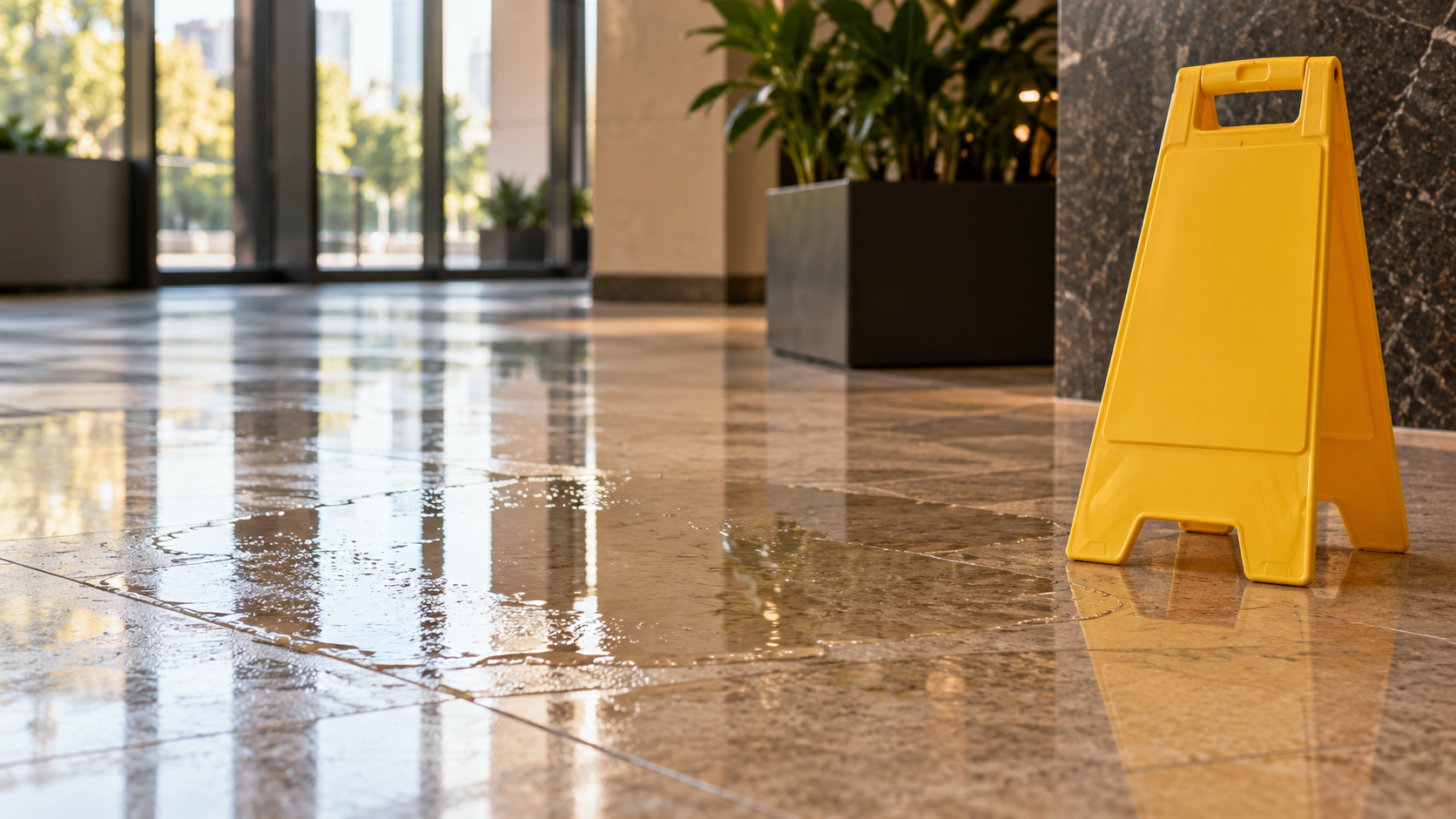 Illustrative water spill on a tiled corridor floor beside a blank caution marker