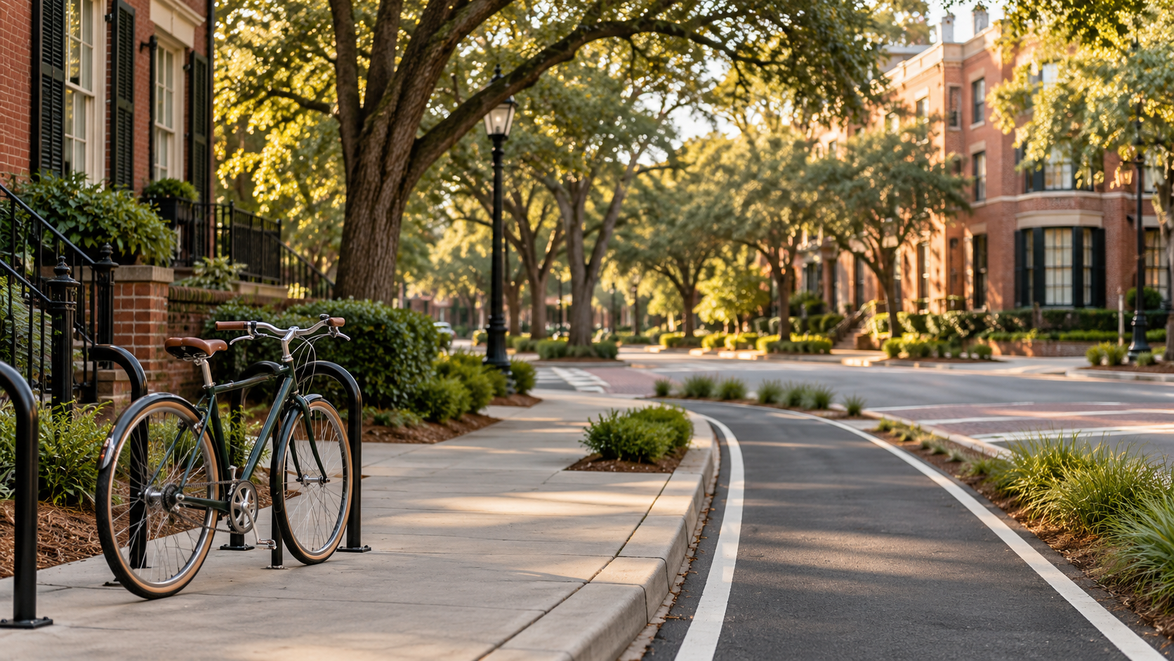 Illustrative bicycle safely parked beside a separated neighborhood bike lane