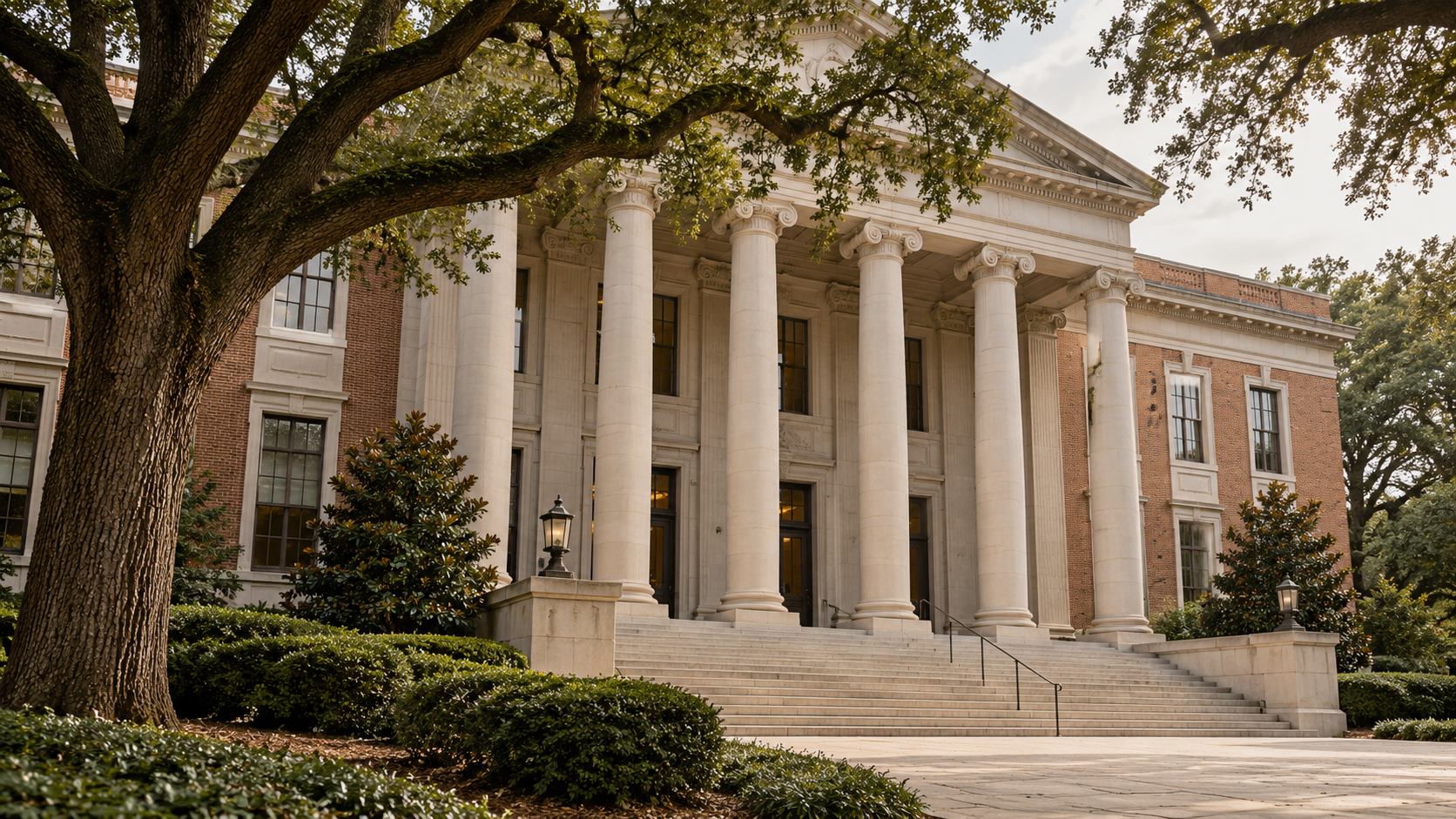 Illustrative courthouse-style architecture with columns and mature trees