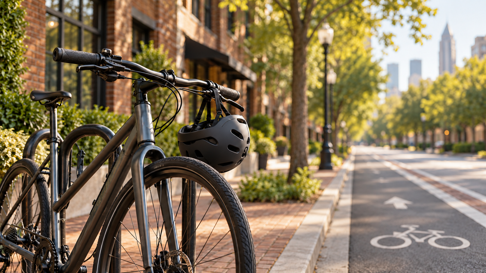 Illustrative intact bicycle and helmet parked beside an urban bike lane